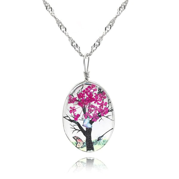 Deep Pink Tree Pendant Necklace on a Silver Chain