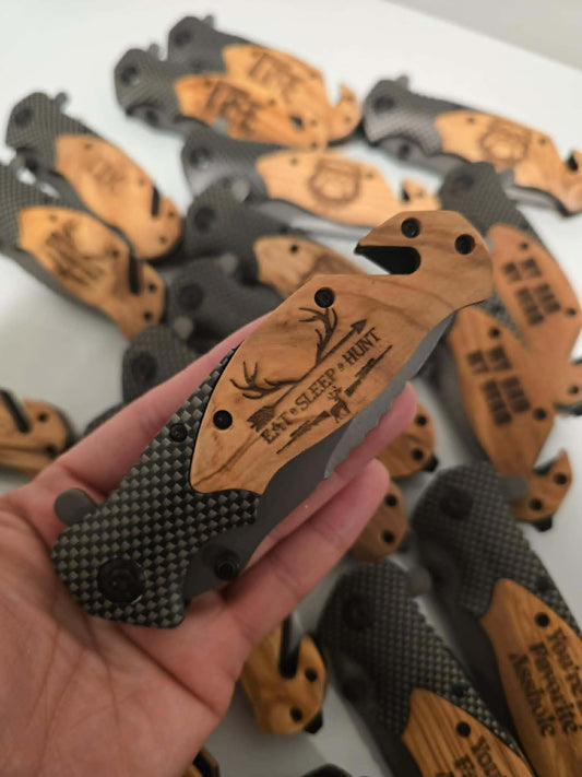 Eat Sleep Hunt Wooden Engraved Knife
