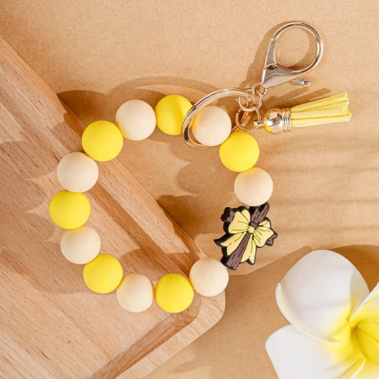 Yellow Cross Beaded Wristlet Keychain
