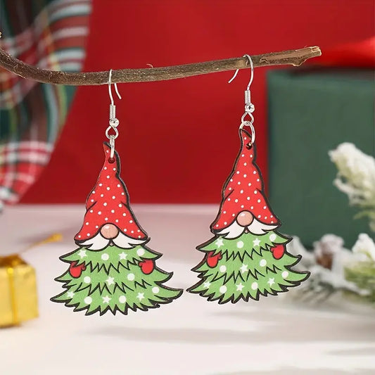 Wooden Christmas Tree Gnome Earrings