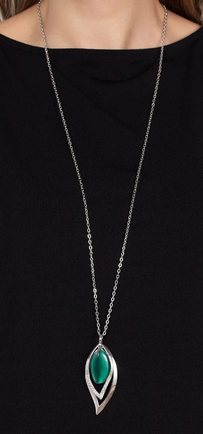 Silver Long Necklace w/ Green Moonstone & Rhinestone Pendant