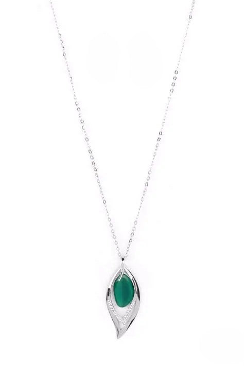 Silver Long Necklace w/ Green Moonstone & Rhinestone Pendant