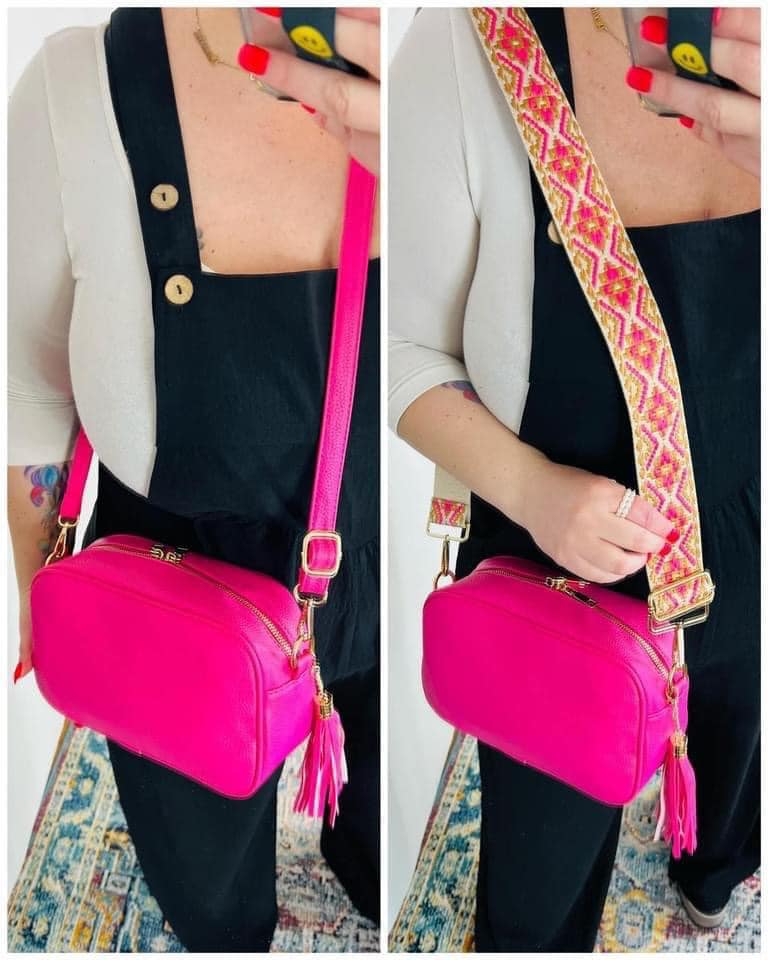 Hot Pink Cross Body Bag w/ Woven Guitar Strap