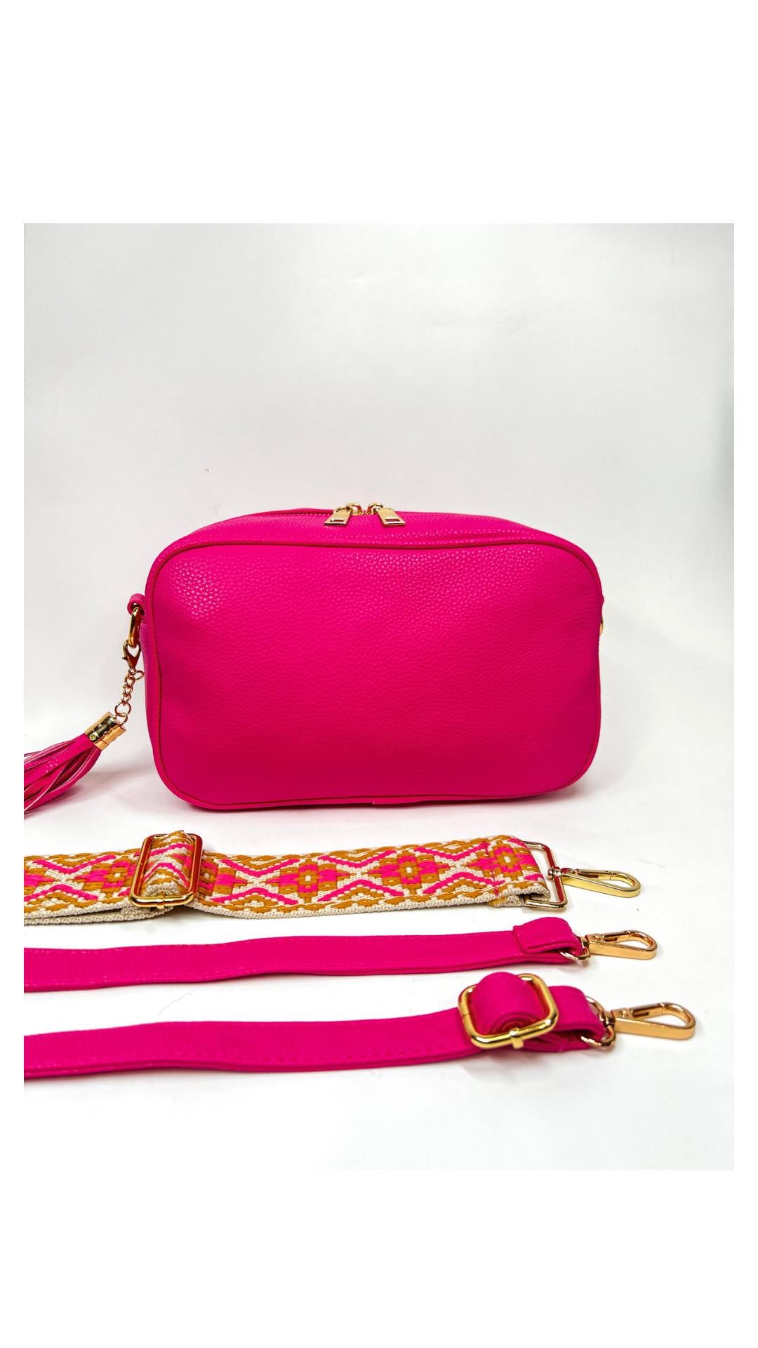 Hot Pink Cross Body Bag w/ Woven Guitar Strap