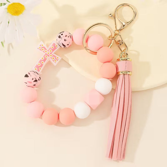 Light Pink Floral Cross Beaded Wristlet Keychain