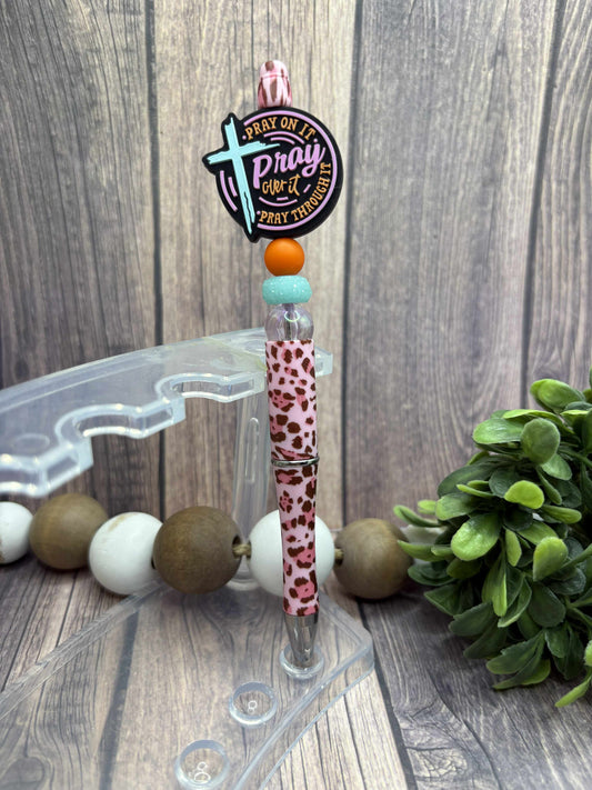Pray on it Pray over it Pray through it Beaded Ink Pen - Pink Leopard