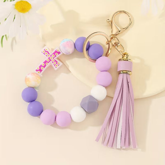 Purple Floral Cross Beaded Wristlet Keychain