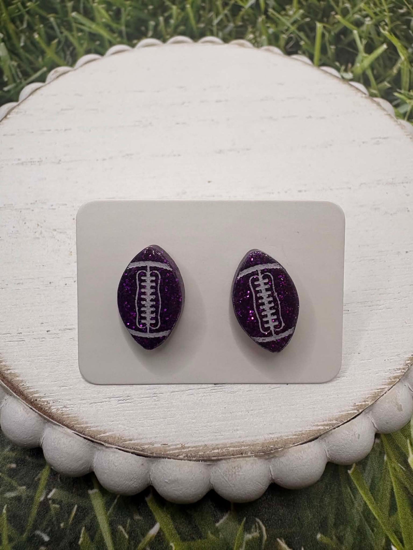 Purple Glitter Resin Football Earrings