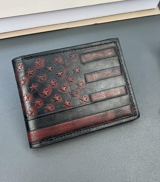 Distressed American Flag Wallet - Red Embossed