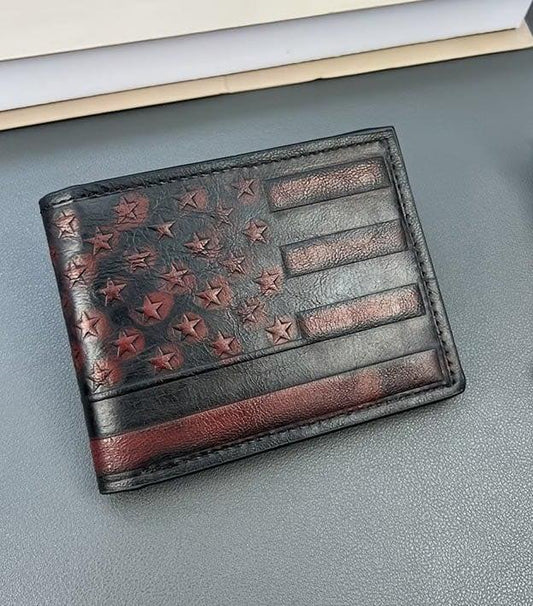 Distressed American Flag Wallet - Red Embossed