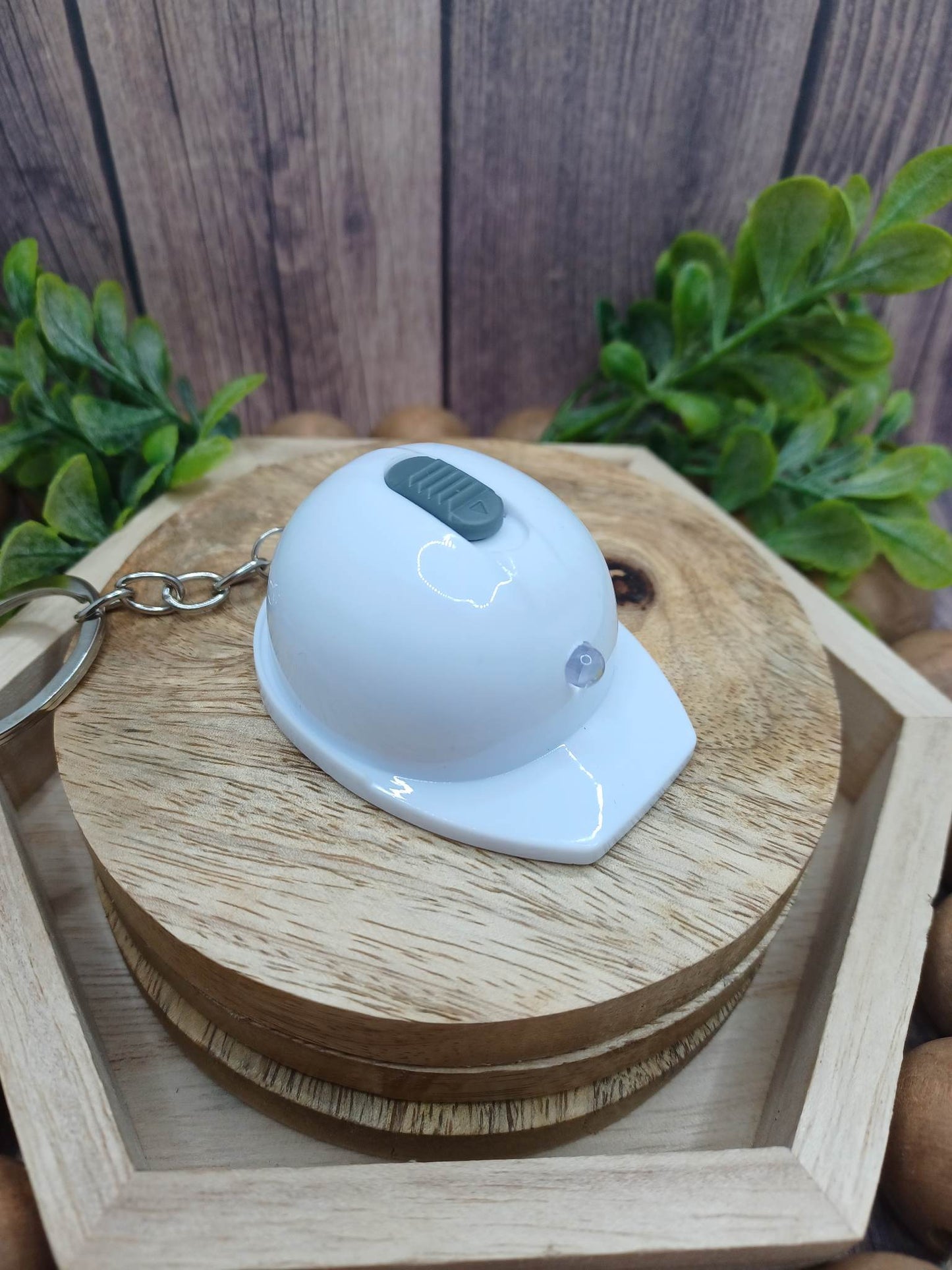 White Construction Hat w/ Light & Bottle Opener Keychain