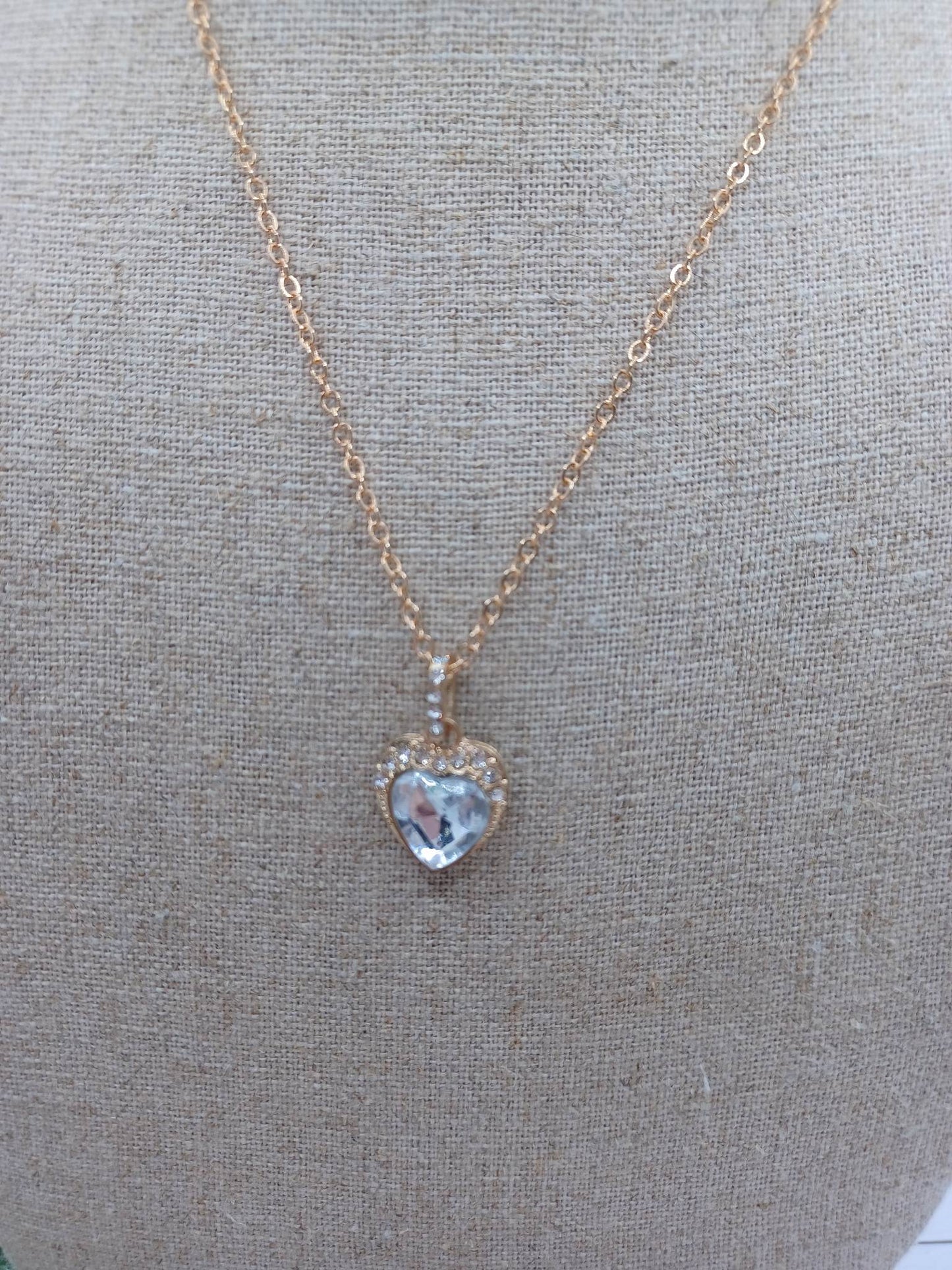 Gold Necklace w/ White Rhinestone Heart Pendant