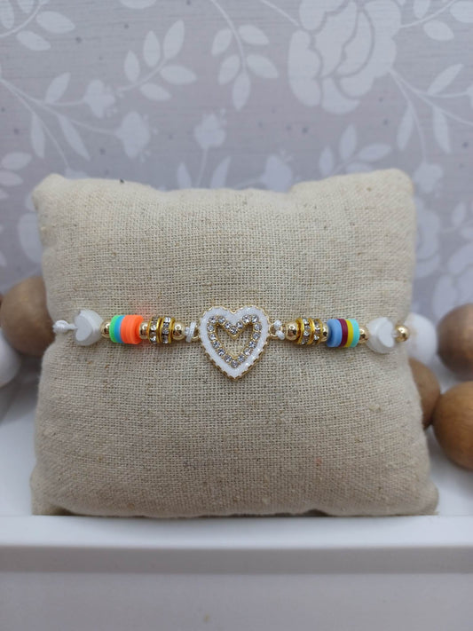 White Beaded Rhinestone Heart Bracelet