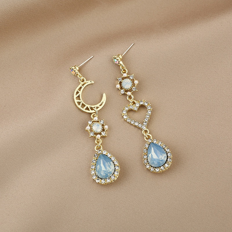 Gold Earrings w/ Blue Opal Style Rhinestones Hearts, Moons, and Blue Rhinestones