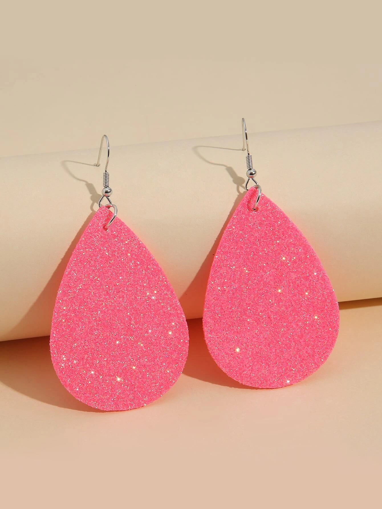 Neon Hot Pink Glitter Tear Drop Earrings