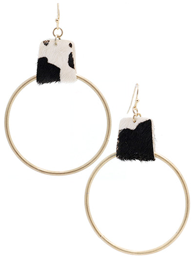Gold Earrings w/ Cow Print Leather Style Earrings
