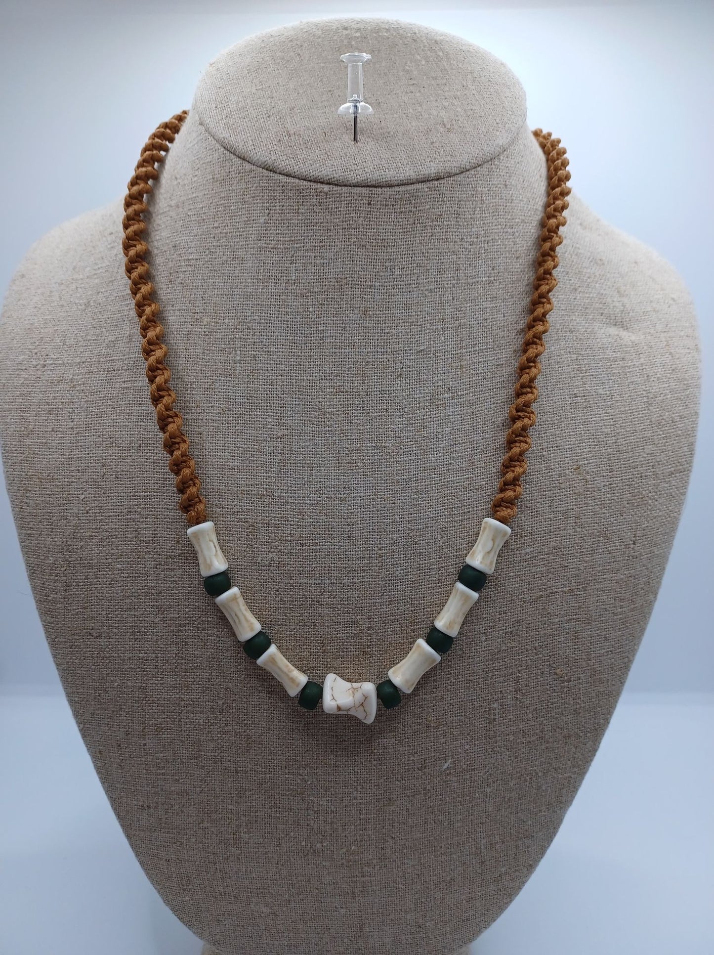 Brown Rope Style Necklace w/ White & Green Beading