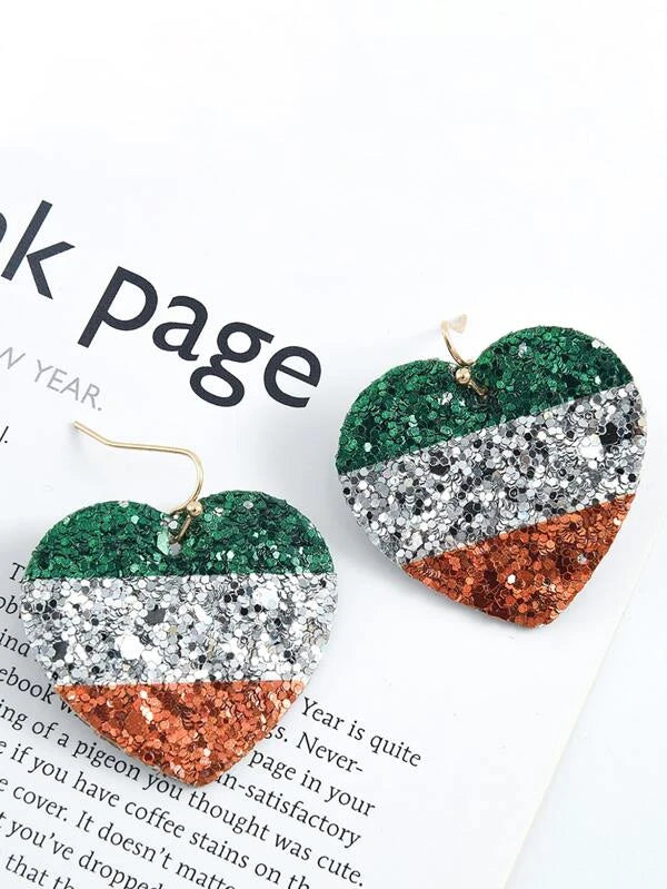 Sequin Green Silver & Orange Heart Shaped Earrings