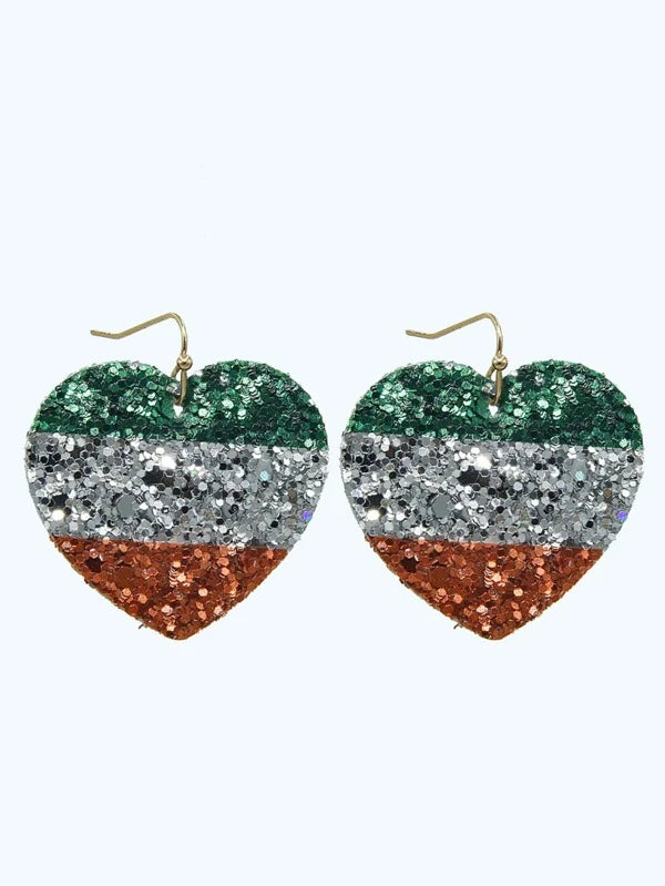 Sequin Green Silver & Orange Heart Shaped Earrings