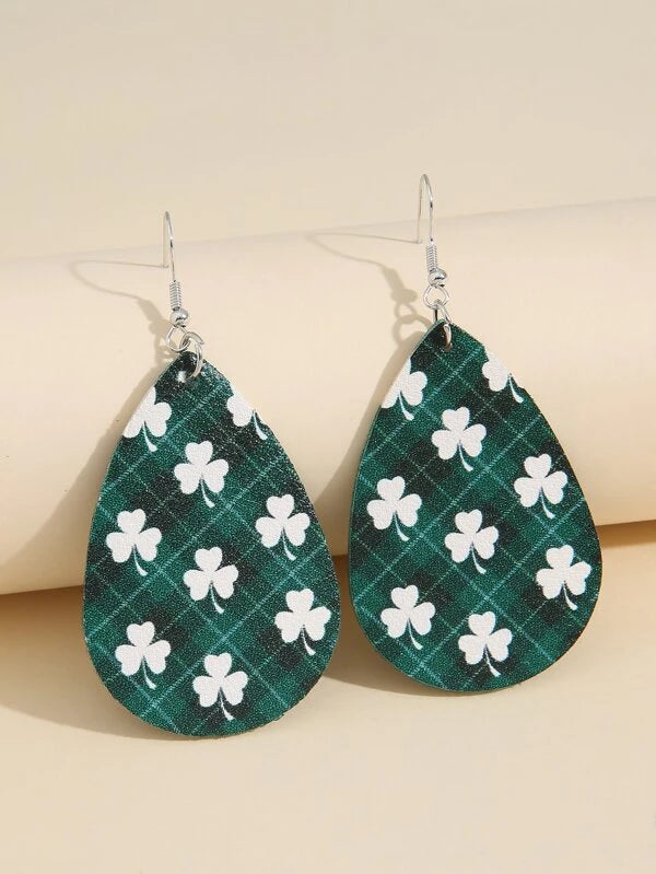 Green Plaid w/ Shamrock Leather Style Earrings