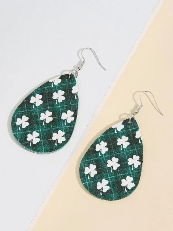 Green Plaid w/ Shamrock Leather Style Earrings