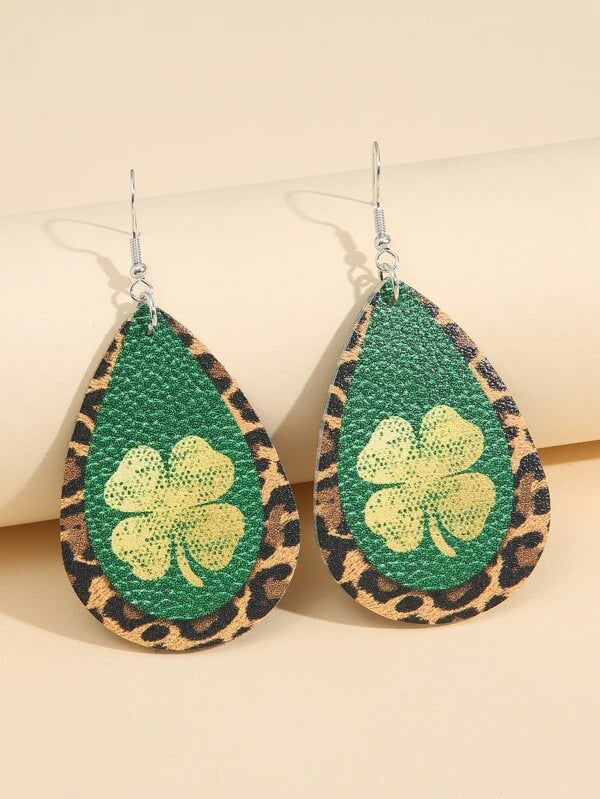 Green & Leopard Print Shamrock Earrings