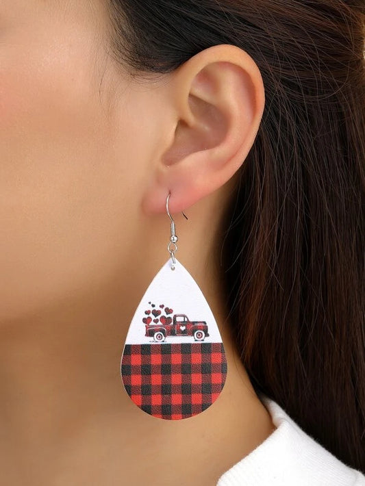 Red Plaid Truck Leather Style Earrings