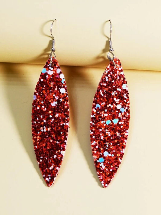 Red Glittered Elongated Oval Style Earrings