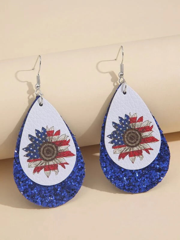 Blue Glitter & USA Sunflower Flag Leather Style Earrings