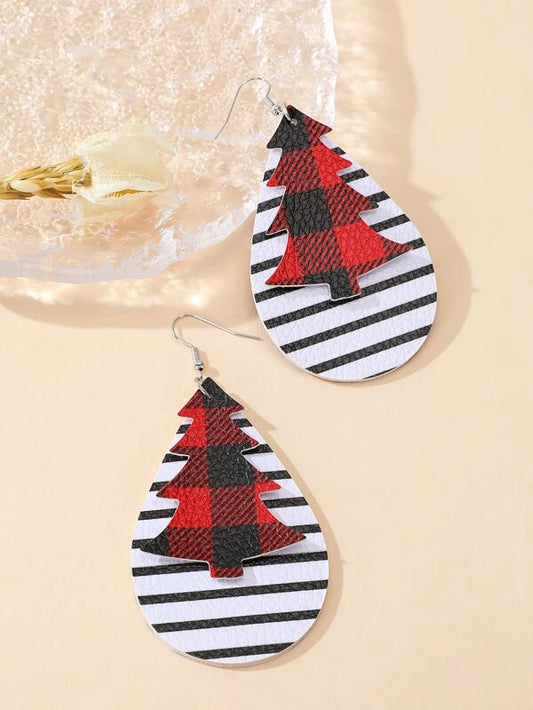 White Striped & Red Buffalo Plaid Christmas Tree Earrings