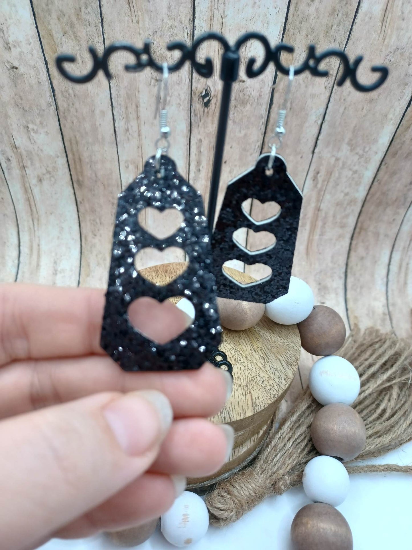 Black Glitter heart Cutout Earrings