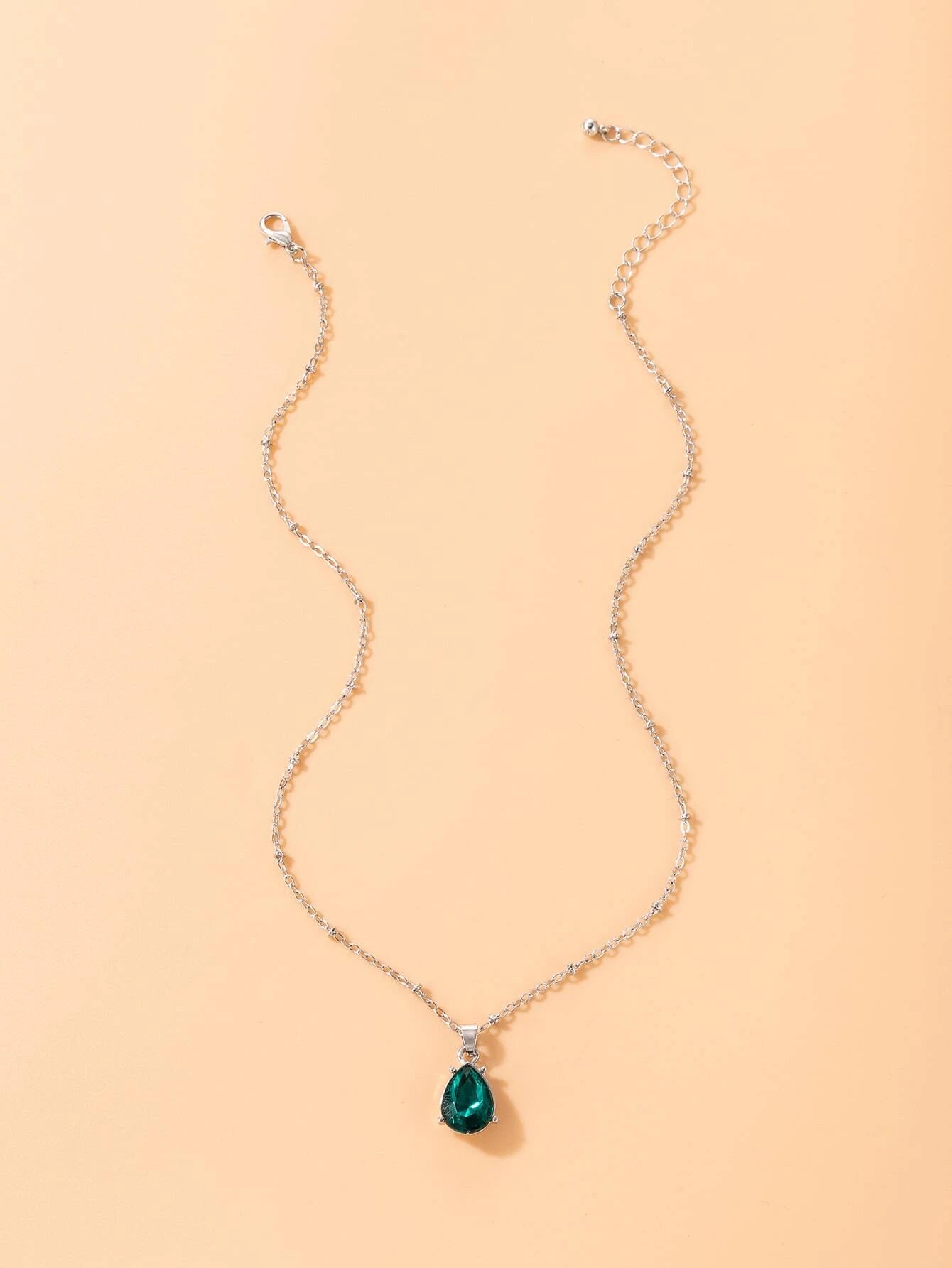 Silver Necklace w/ Emerald Green Style Rhinestone Pendant