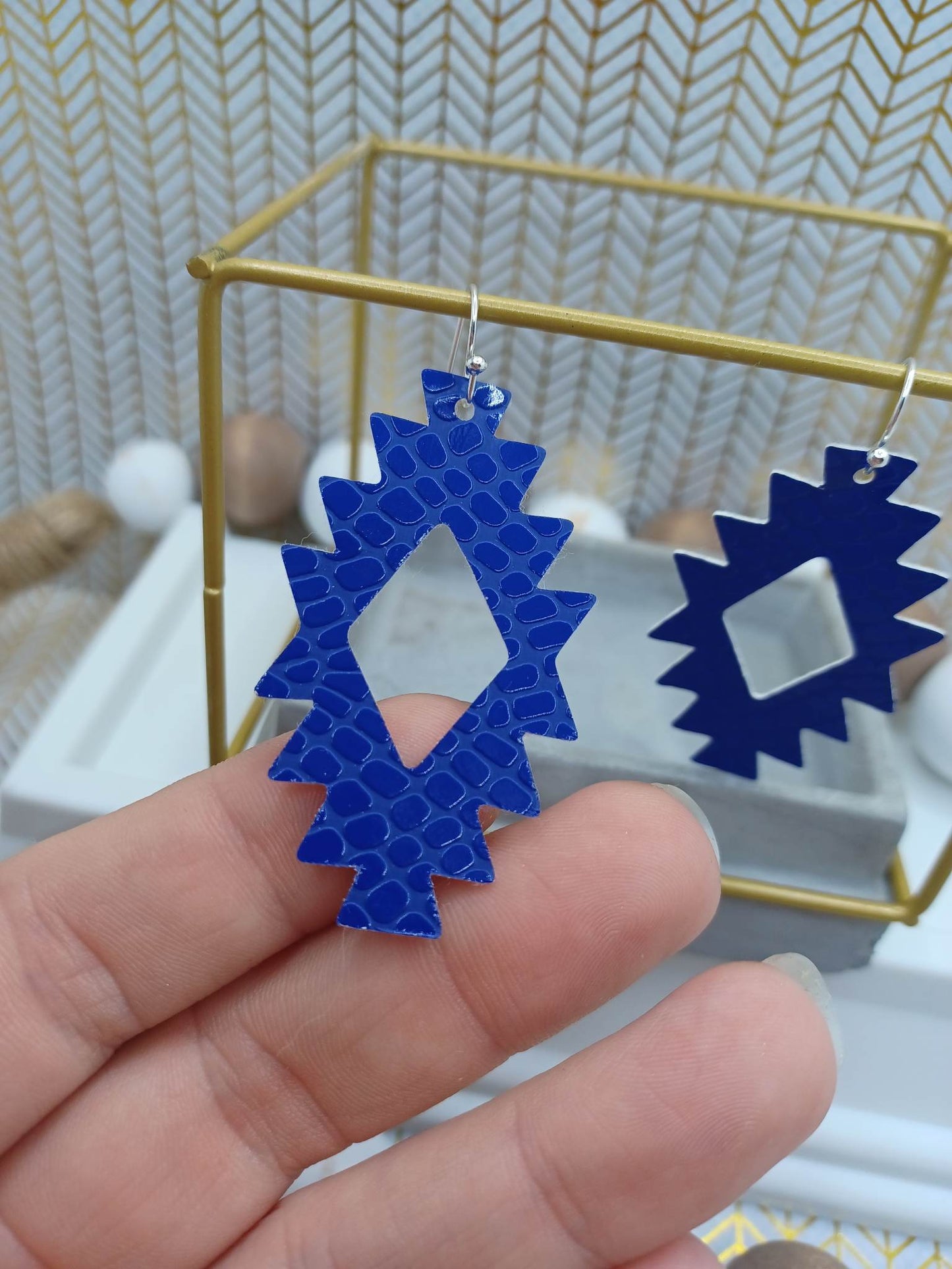 Geometrical Blue Leather Style Earrings