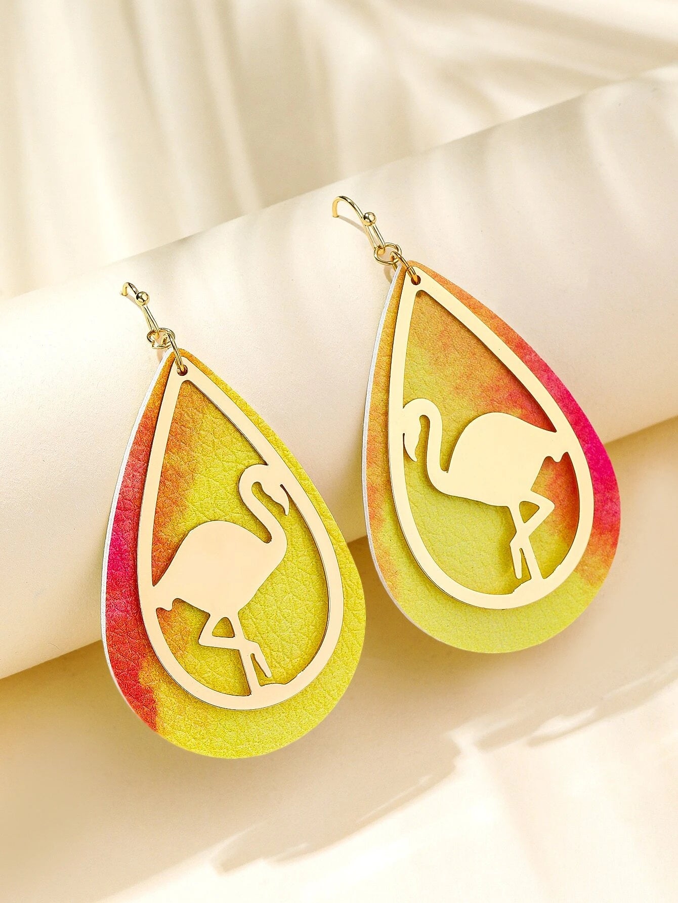 Gold & Ombre Leather Style Earrings w/ Flamingo Design