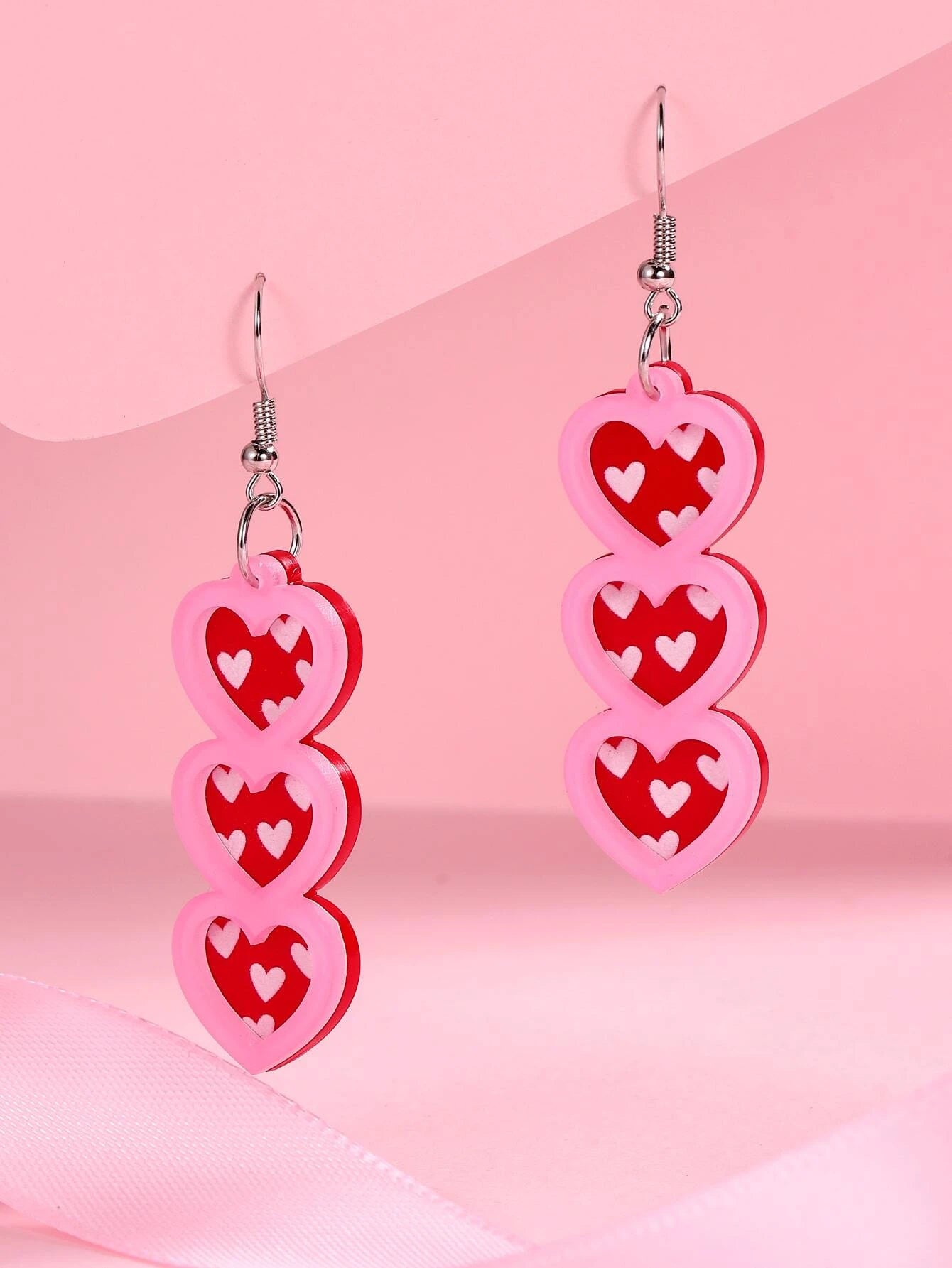 Triple Pink & Red Heart Earrings