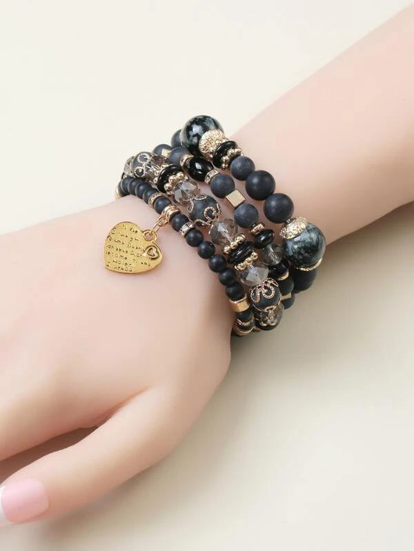 Black Bracelet set with Heart Charm