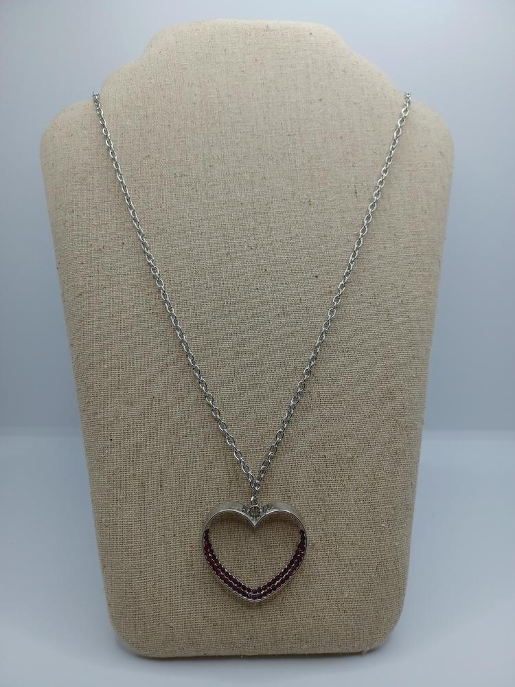 Long Silver Necklace w/ Heart Pendant and Red Rhinestones