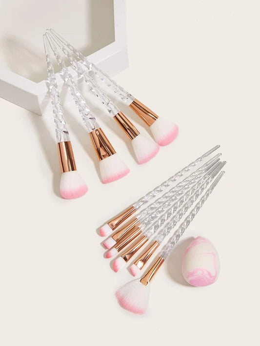 10 piece Clear & Pink Makeup Brush Set w/ Beauty Blender