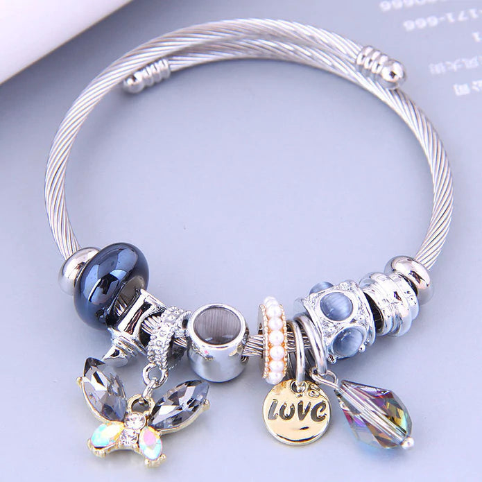 Blue/Grey Butterfly & Love Coil Style Bracelet