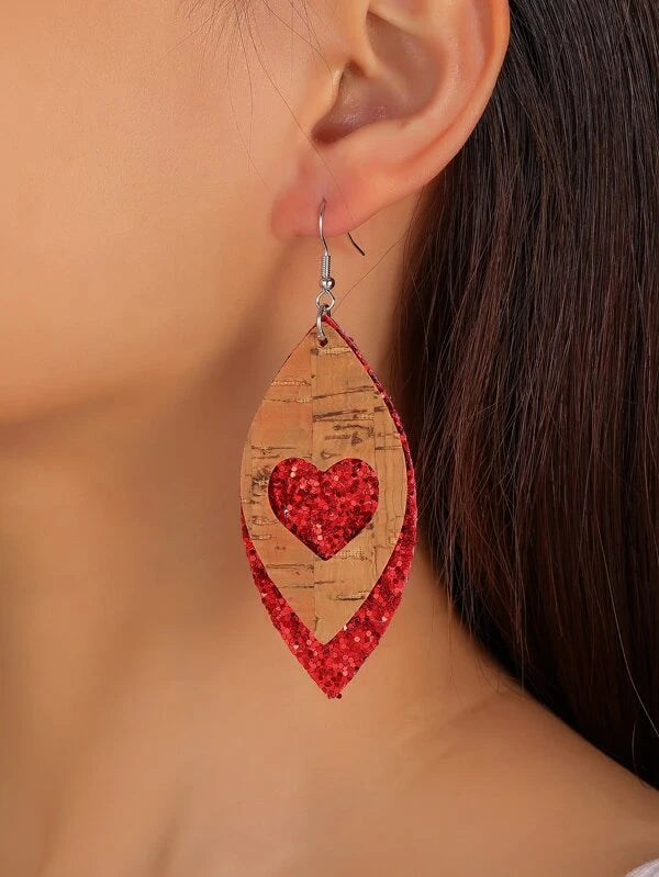 Cork Style Earrings with Heart Cutout & Red Glitter