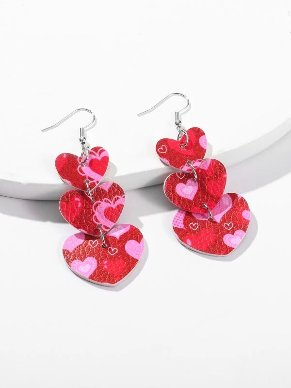 Red Triple Heart Earrings w/ Pink Heart Detail