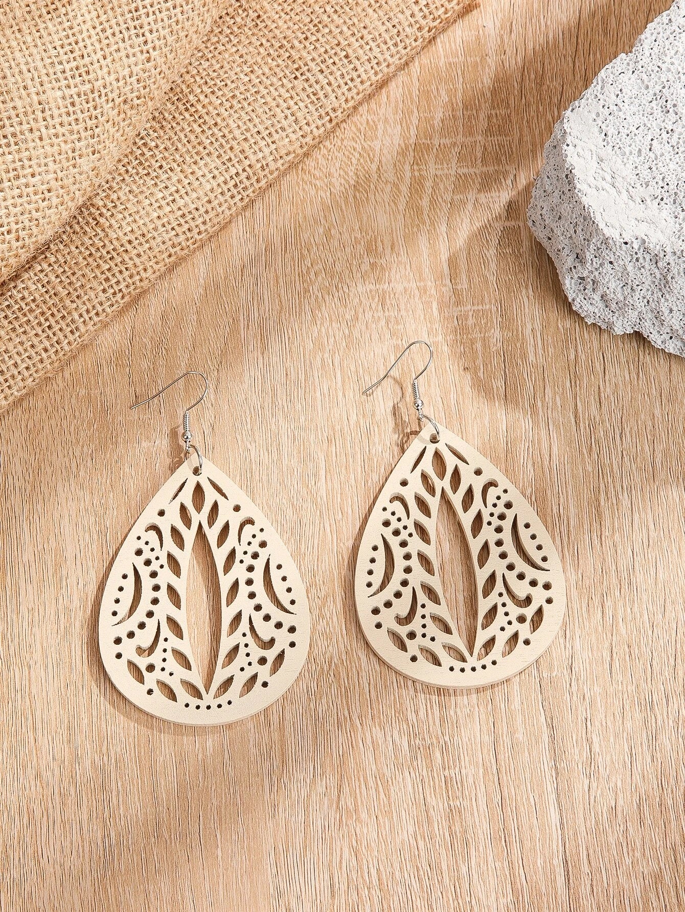 White Wooden Cutout Earrings