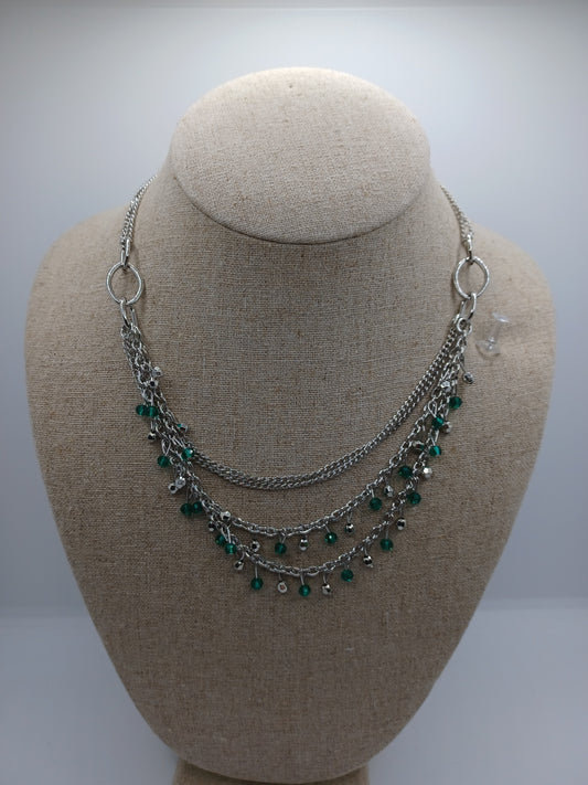 Silver Layered Necklace w/ Green Beading
