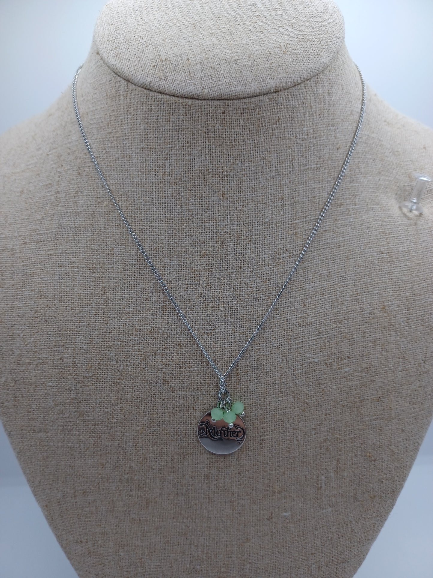Silver Necklace w/ Mom Charm & Green Beads
