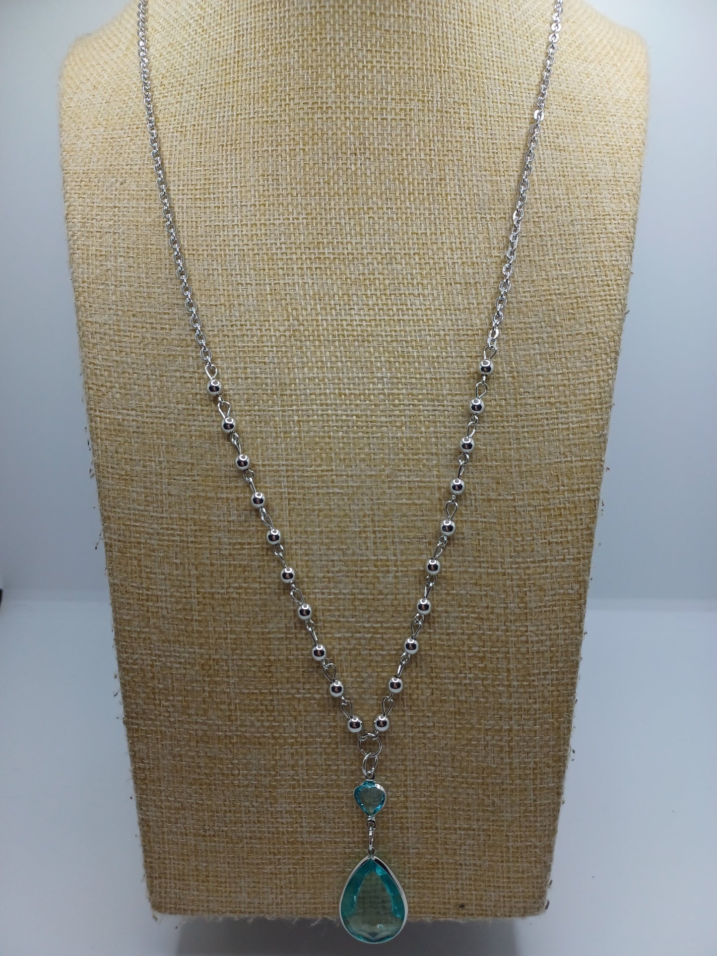 Silver Y Style Necklace w/ Blue Beading Accents & Pendant