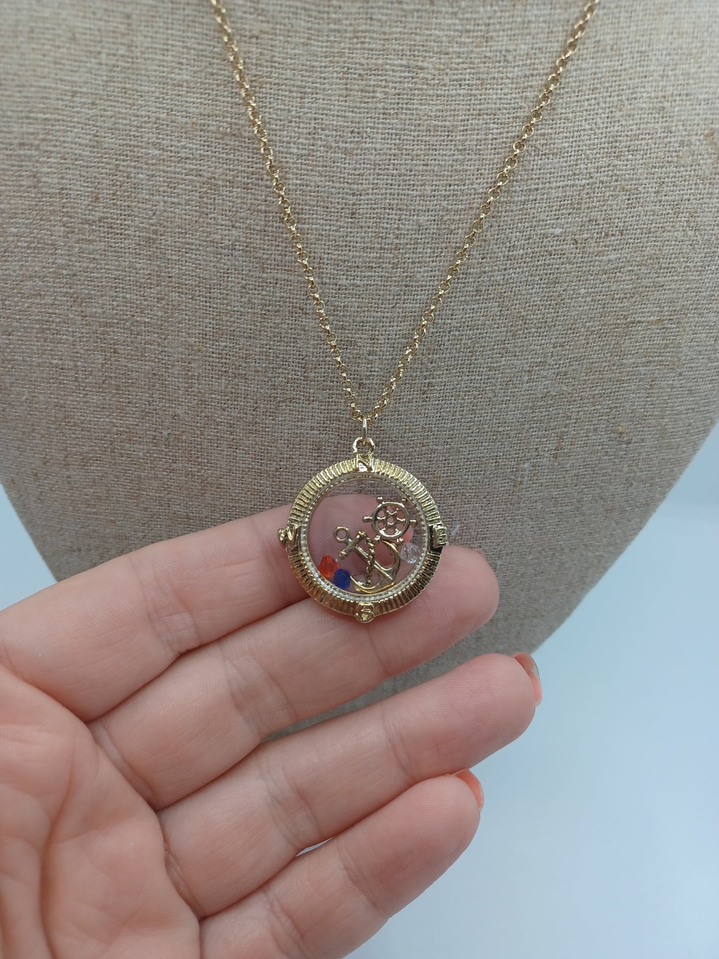 Gold Necklace w/ Floating Anchor, Wheel, & Beaded Charm