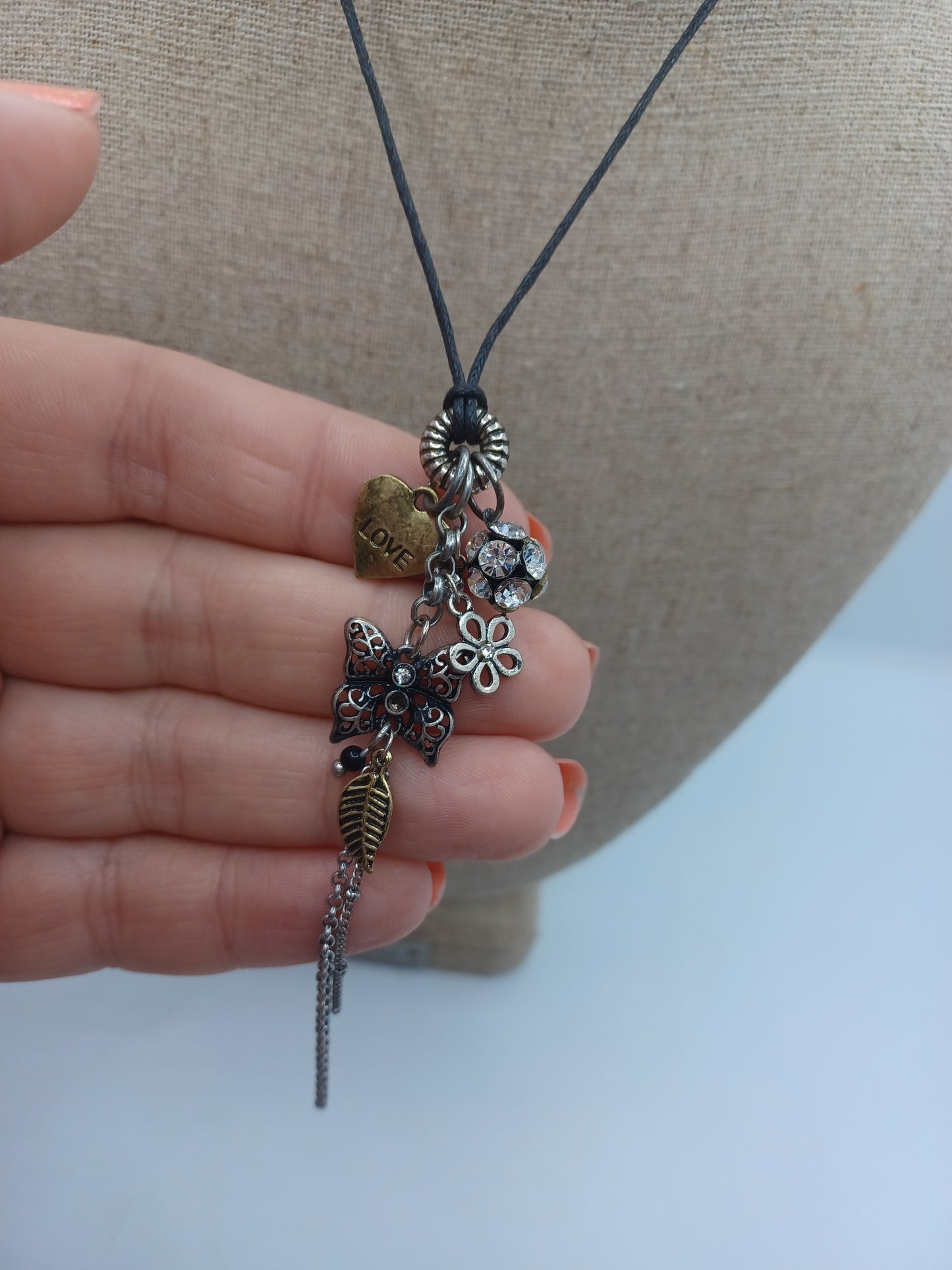 Black Suede Necklace w/ Charm Cluster (Heart, Butterfly, flower, & Rhinestone Bead)