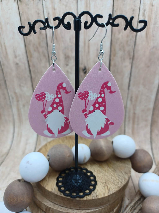 Pink Gnome Holing Heart Ballons Earrings