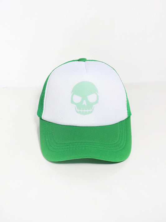 Green & White Hat w/ Skeleton Print & Soft Brim