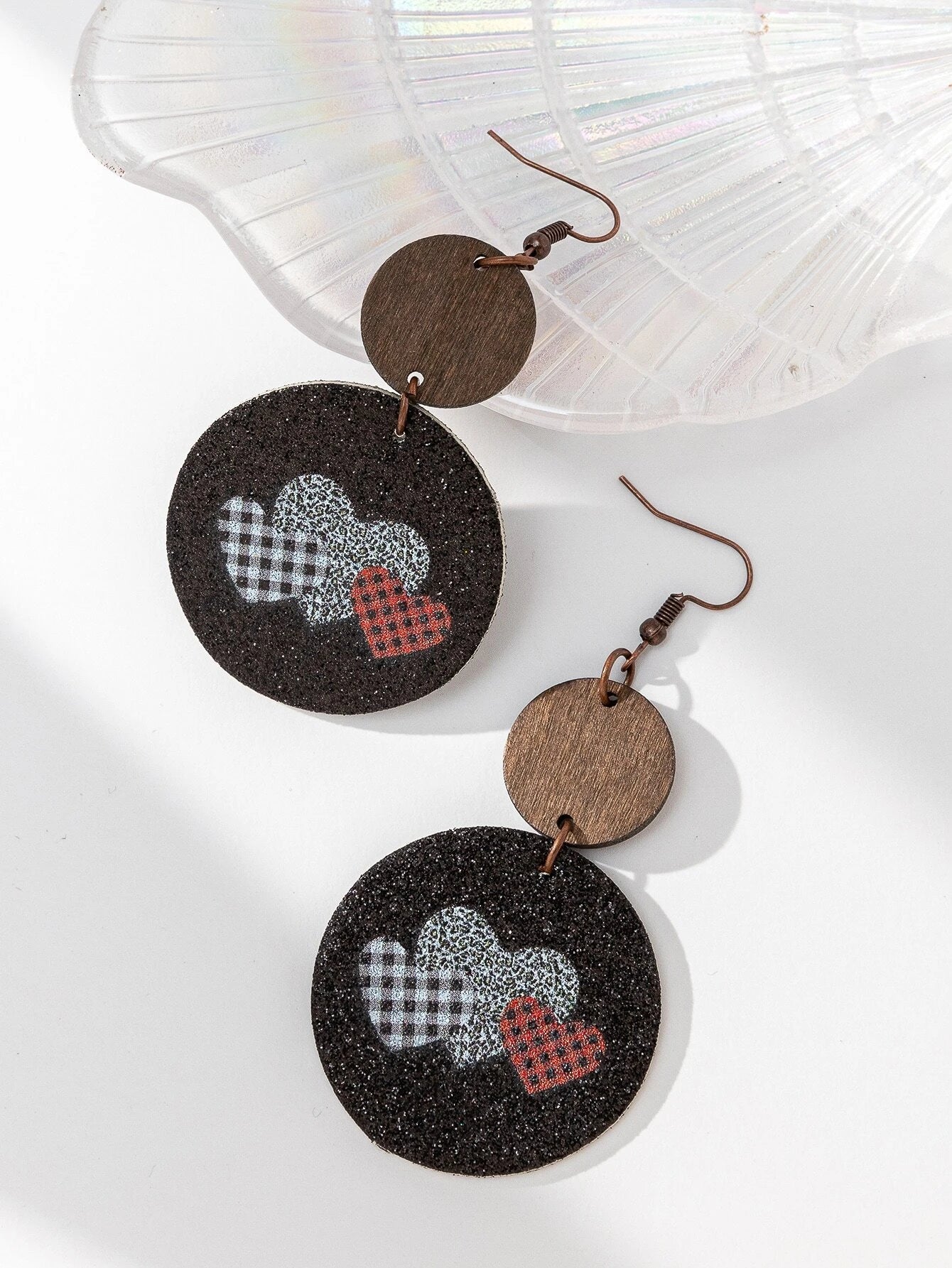 Black Wooden Heart Earrings w/ Plaid & Leopard Hearts